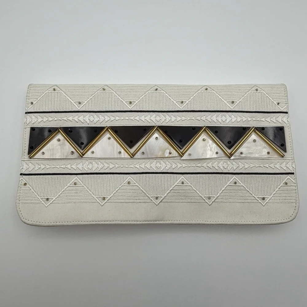 Shiraleah Chicago Reiki Clutch Ivory Embroidered Metallic Foldover Bag NWT‎